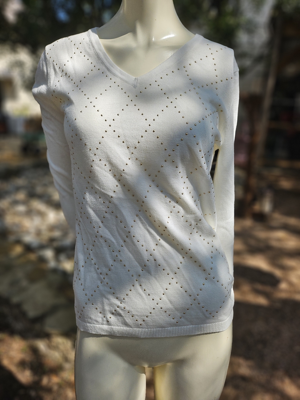 Tommy Hilfiger White 100% Cotton V-Neck Long Sleeve Top with Gold Studs S
